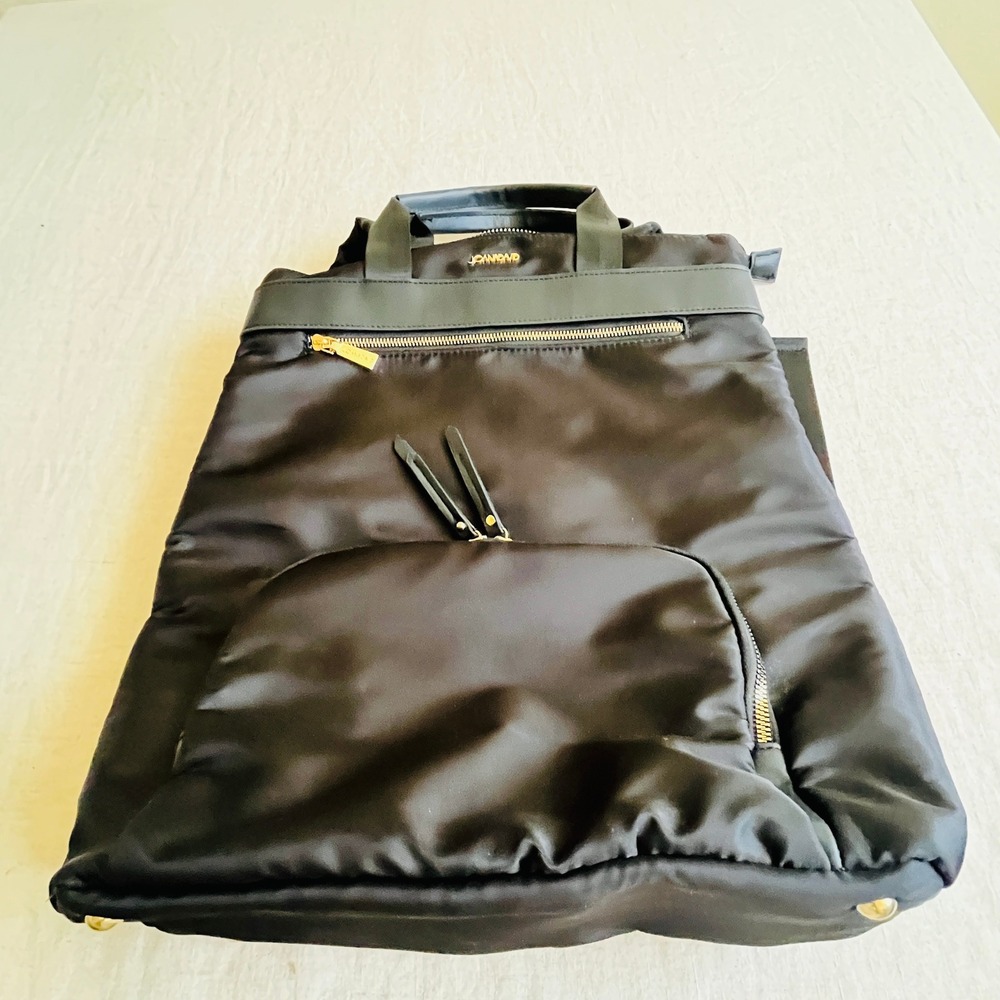 Joan & David Black Nylon Backpack Laptop Bag Gold Hardware Travel Luggage Sleeve